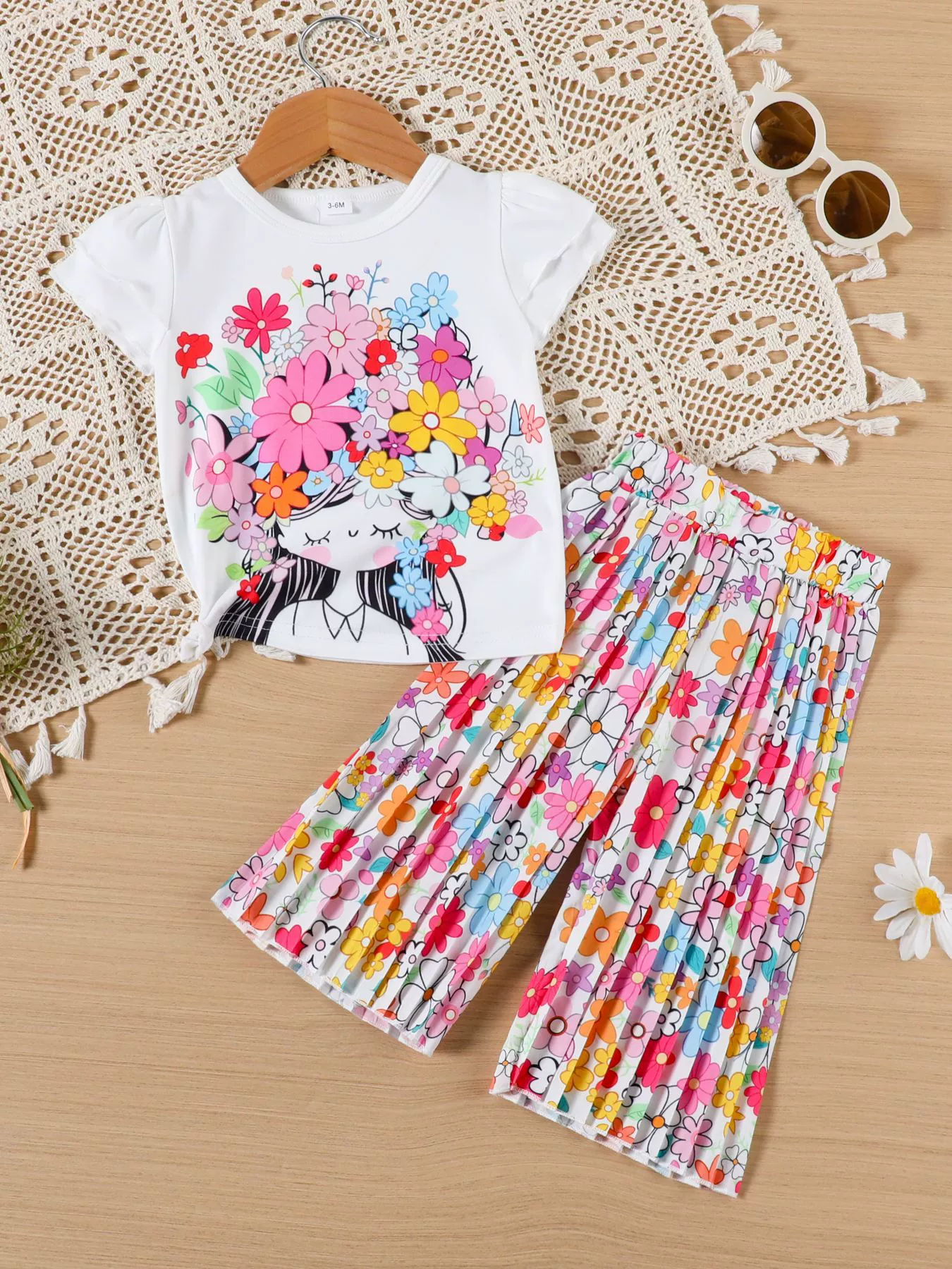 Girl pattern T-shirt flower wide-leg trousers 2-pack